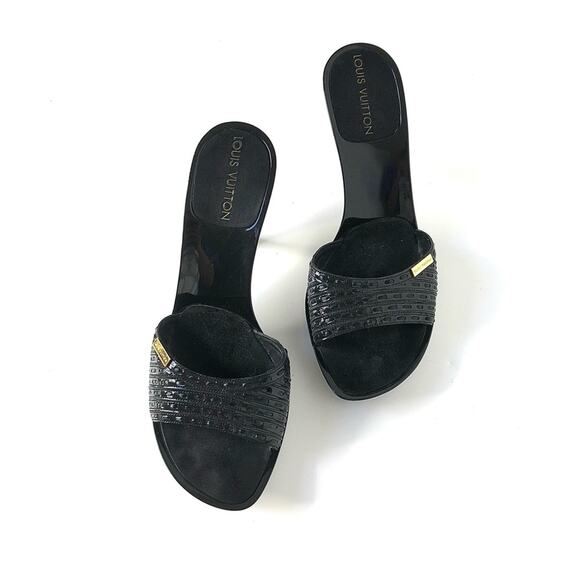Louis Vuitton Black Patent Leather LV Plate Slides Slip On Mules Sandals 36 - Picture 3 of 11